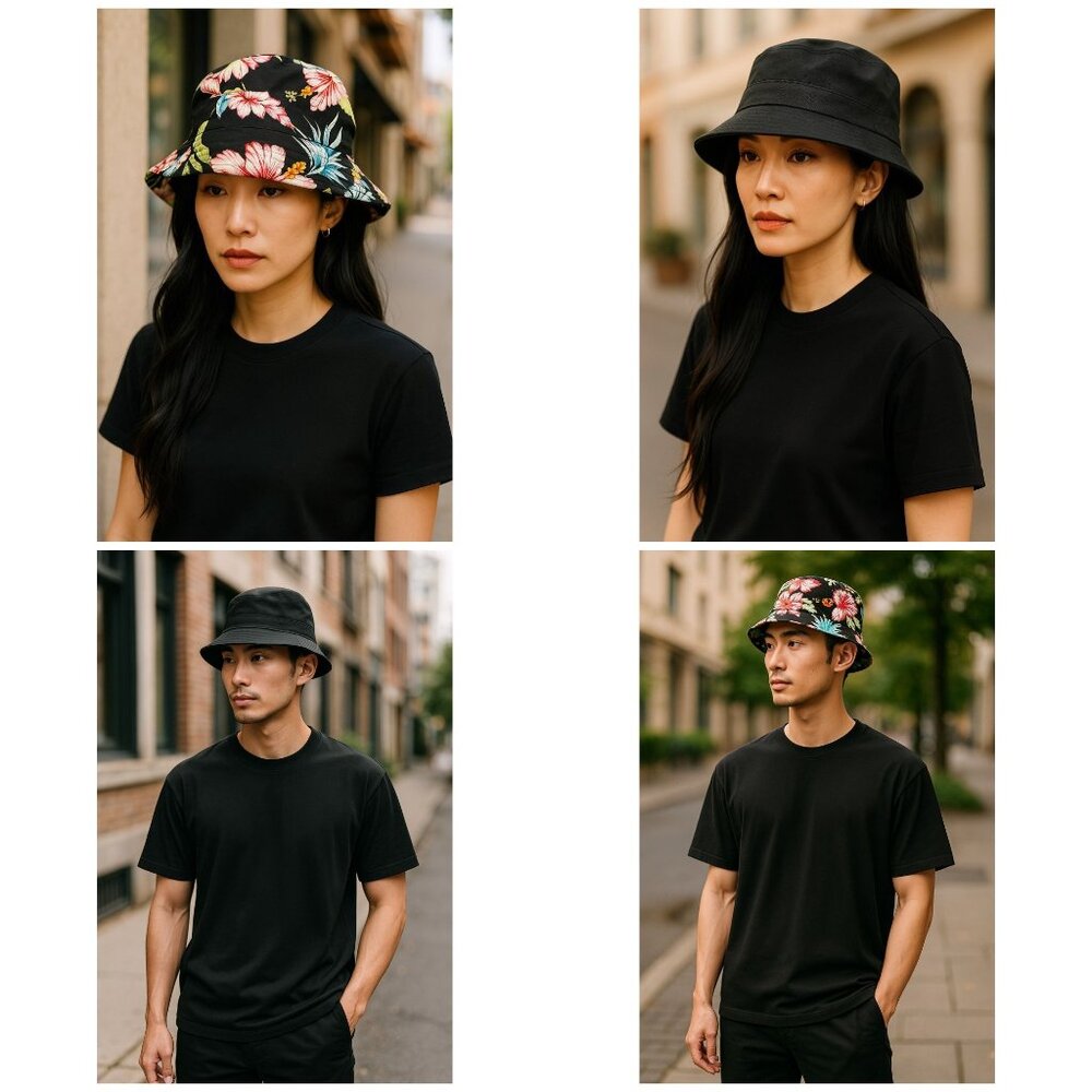 Reversible Black Floral & Solid Bucket Hat For Unisex Lightweight